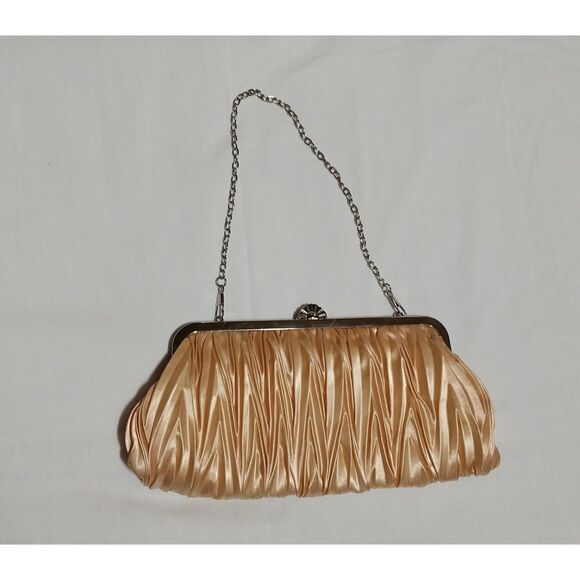 Unbranded clutch shoulder bag / butter yellow satin & crystal / 2 silver chains - Picture 3 of 6